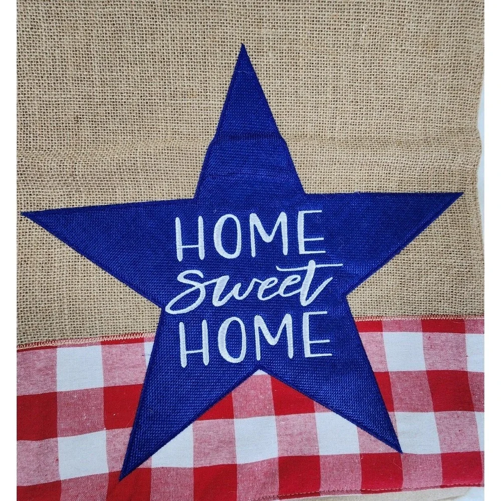 Patriotic Table Runner 16"x80" Red White Blue Plaid Stars Burlap Home Sweet Home - Picture 3 of 5